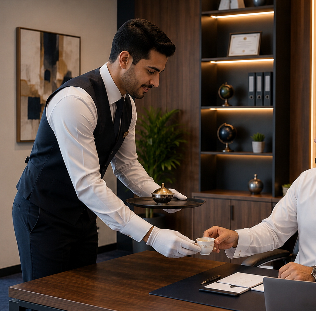 صورة توضح عمالة ضيافة مهنية مدربة تقدم خدمات الاستقبال وتقديم الضيافة للشركات والمؤسسات، ضمن حلول توفير العمالة التي تقدمها إريكو لمختلف القطاعات في المملكة العربية السعودية